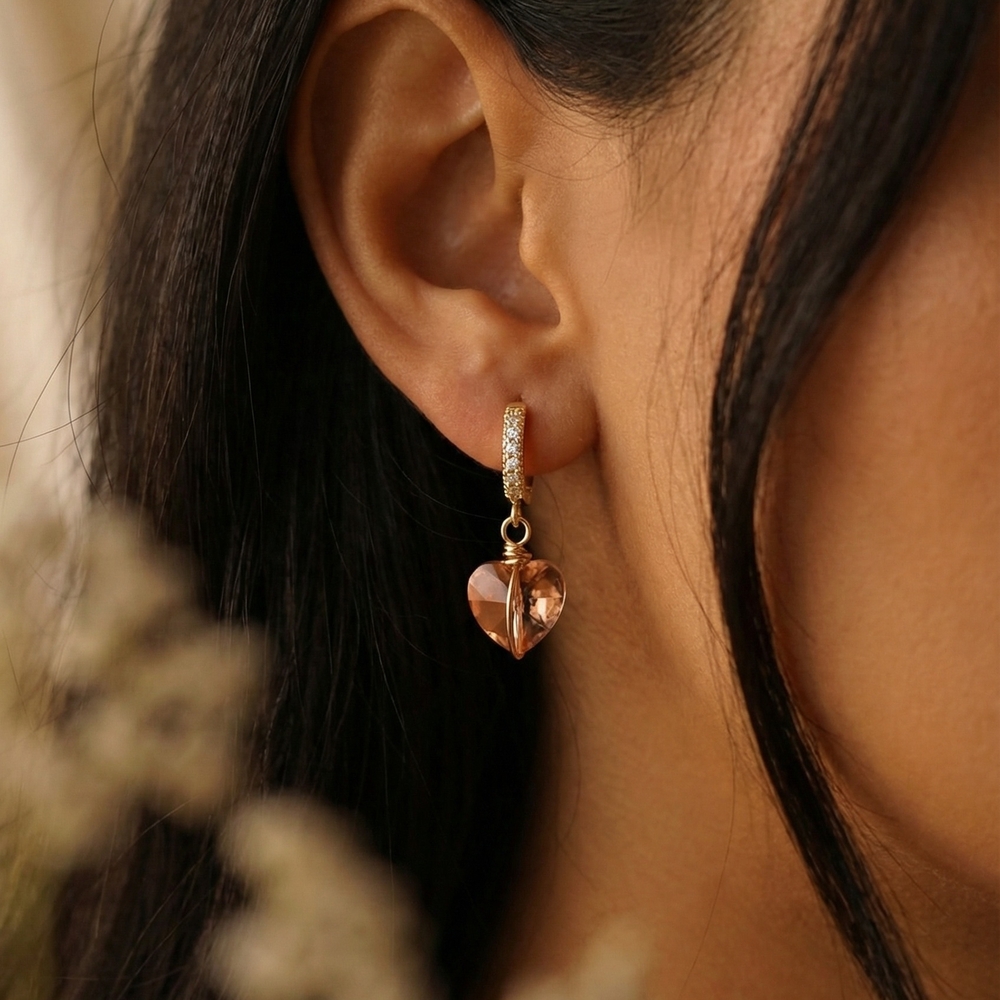Gold Hoop Earrings with Champagne Heart Drop